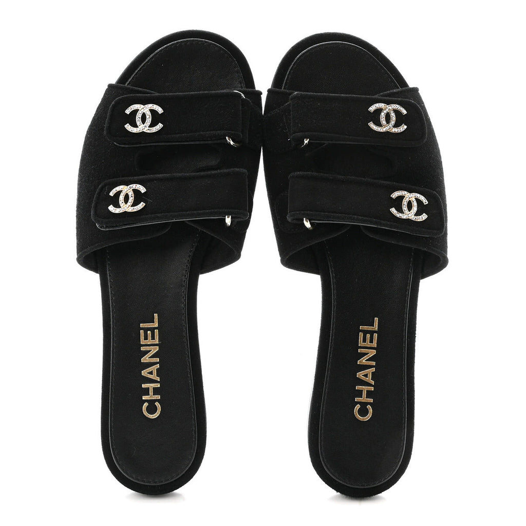 Chanel suede kidskin velcro crystal CC mules