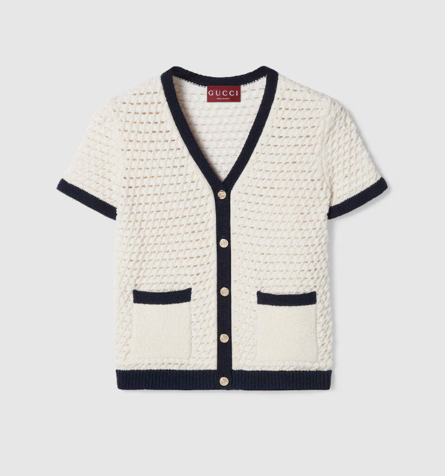 Gucci 824722 XKESV,Gucci cotton crochet cardigan,Gucci short sleeve white cardigans,Gucci short sleeve cardigan,Gucci white c