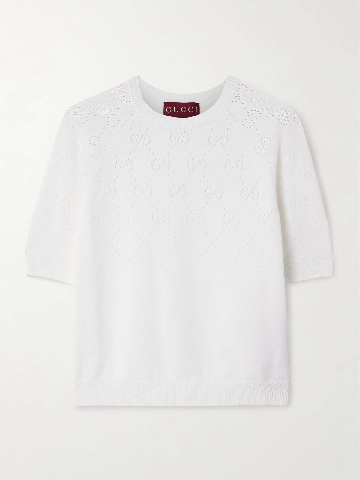 Gucci 820703 XKE06,Gucci pointelle knit cotton sweater,Gucci white monogram sweater,Gucci womens white sweater,Gucci white sw