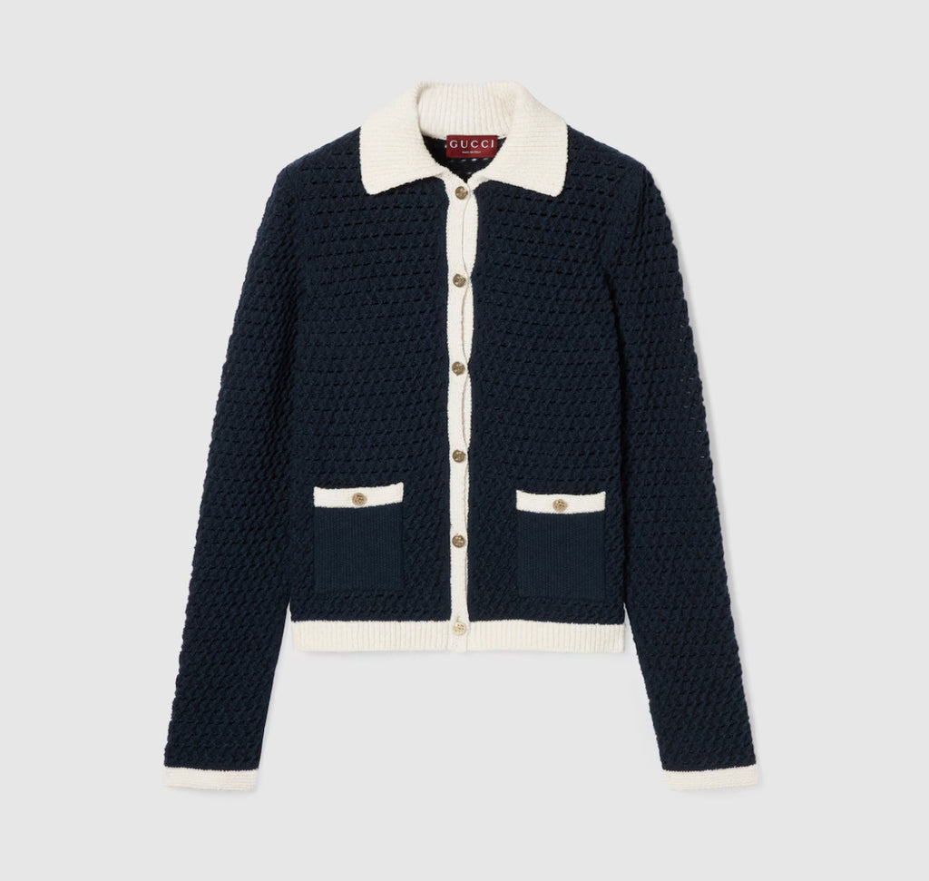 Gucci 836184 XKESV,Gucci fine cotton crochet cardigan,Gucci womens cardigan,Gucci cardigan navy,Gucci cardigan womens navy,Gu