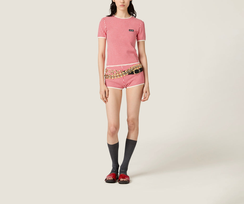 MIU MIU MMLB29,Miu Miu Viscose sweater,Miu Miu short sleeve sweater,Miu Miu short sleeve sweater red,Miu Miu short sleeve swe
