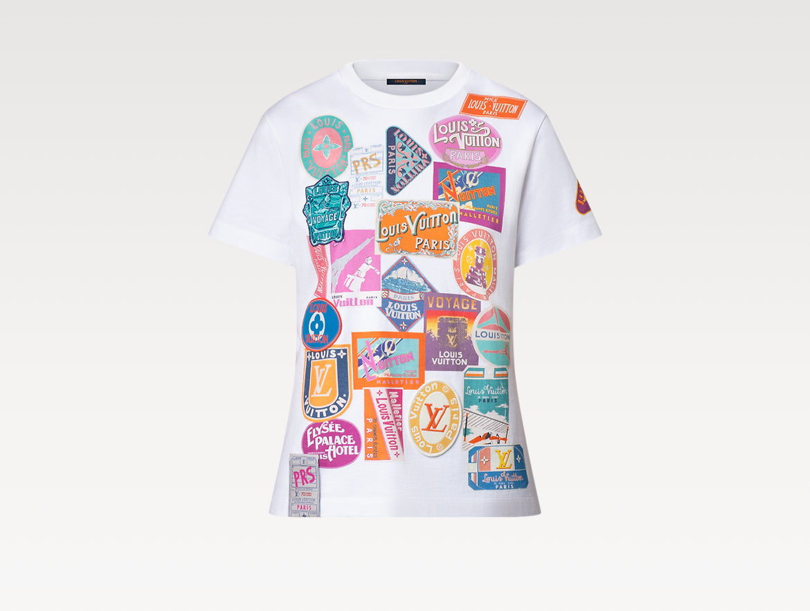 Louis Vuitton 1AHISK, LV 1AHISK, Louis Vuitton patch print T-shirt, LV patch print T-shirt,LV white t-shirt, LV patch tee, LV