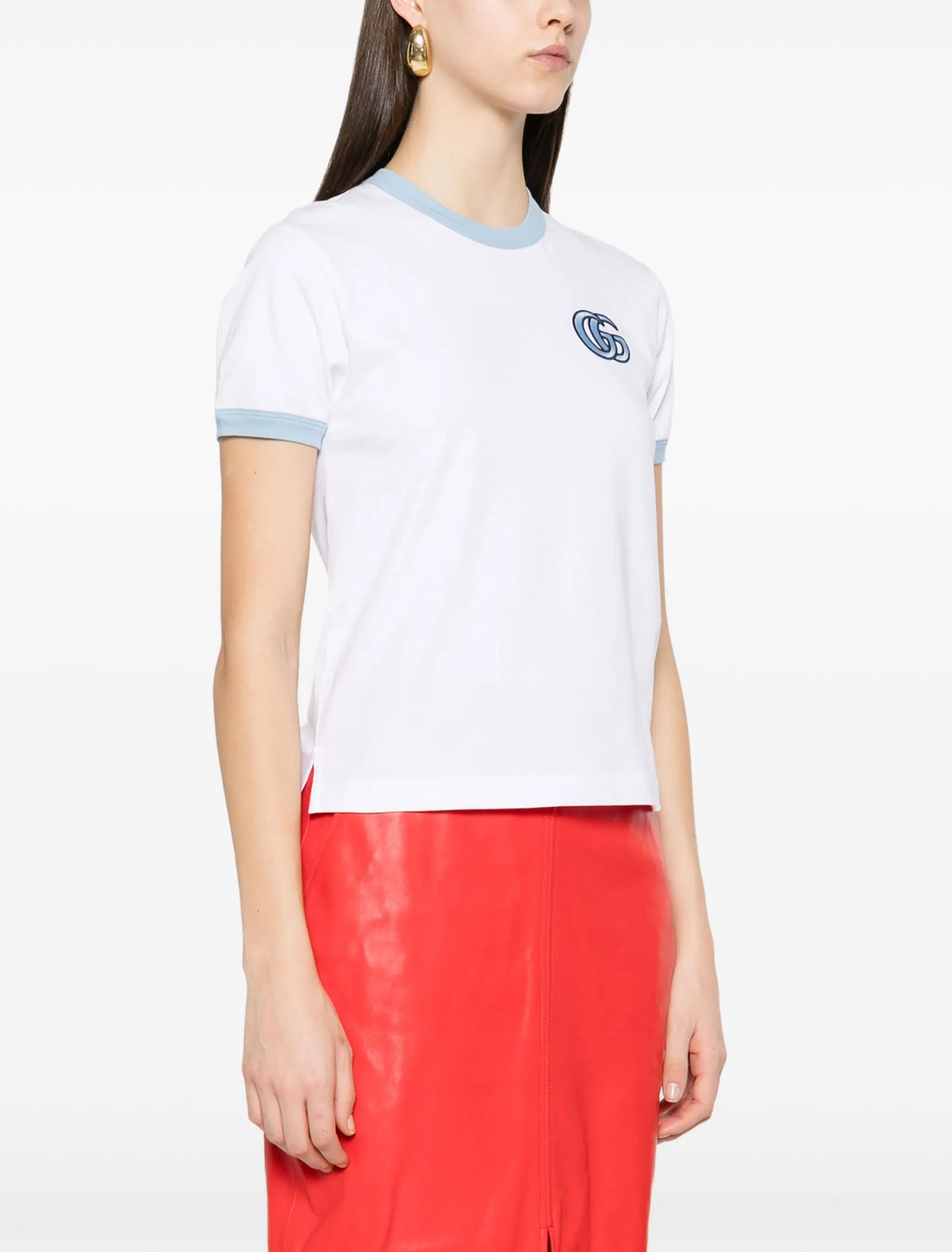 Gucci 81878 7JG5A,Gucci embroidered logo T-shirt,Gucci pink womens t-shirt,Gucci white womens t-shirt,Gucci womens t-shirt,Gu