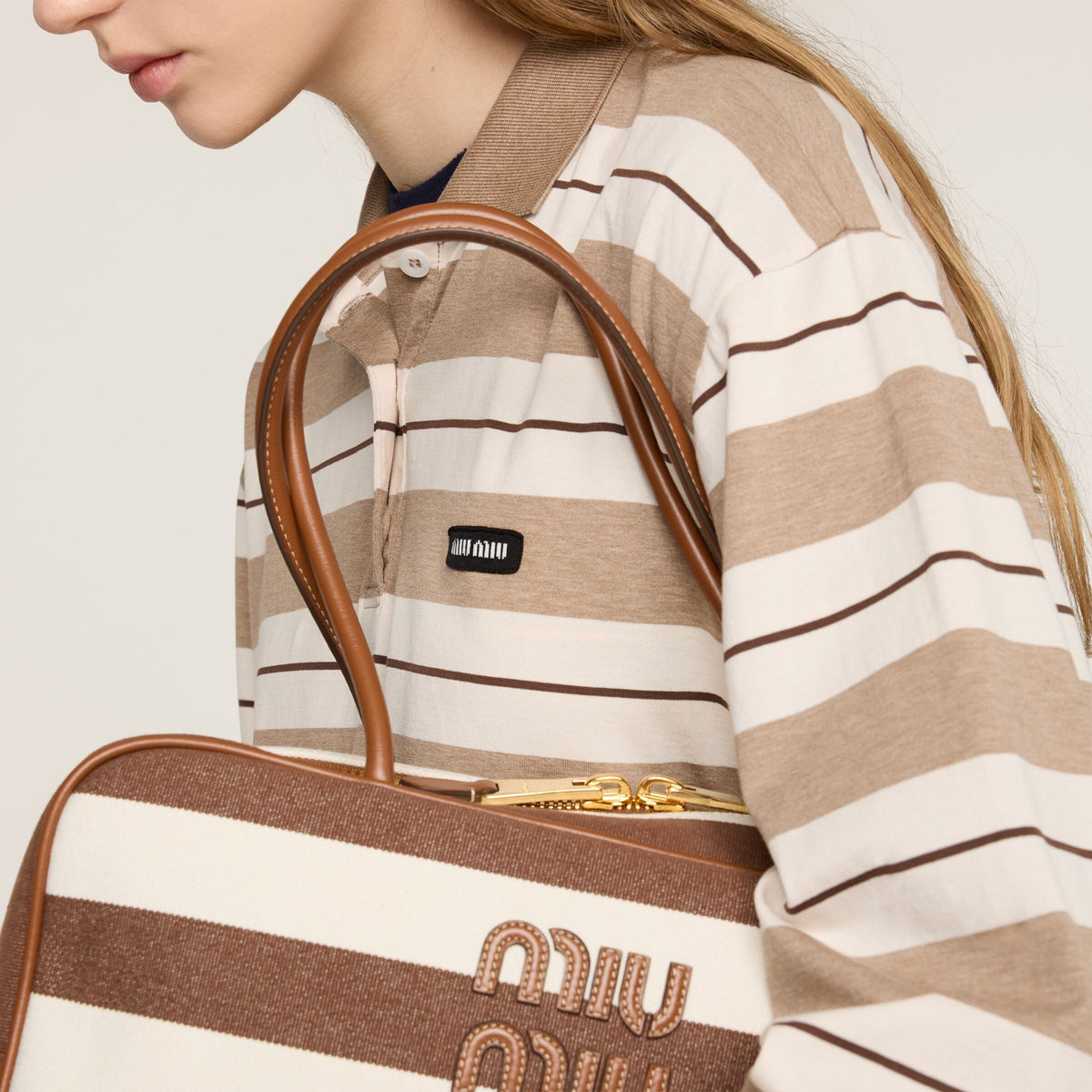 MIU MIU MJL015SOOO14RT,Miu Miu polo shirt,Miu Miu striped polo shirt,MIU MIU long sleeve polo shirt,MIU MIU long sleeve beige
