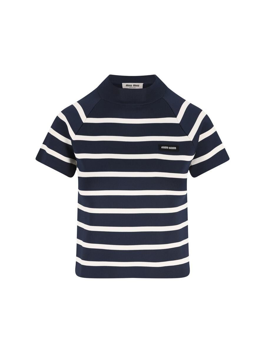 MIU MIU MMR44117NCF0761,Miu Miu striped mock turtleneck sweater,Miu Miu striped sweater,Miu Miu striped blue sweater,MIU MIU