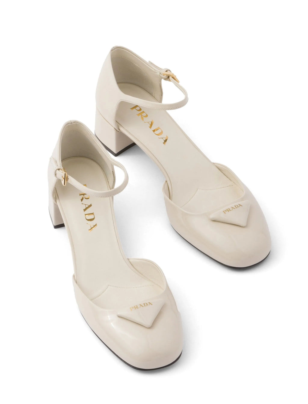 Prada 1E708L,,Prada 35mm triangle logo patent leather pumps,Prada chunky heel white,Prada chunky heel Mary Jane shoes,Prada w