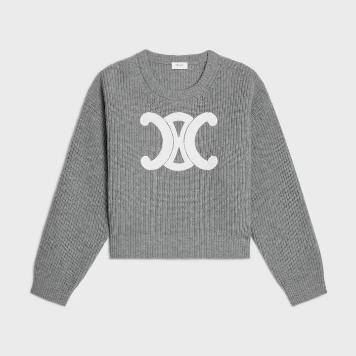 Celine RY0GS423P,Celine crew neck sweater in ribbed wool,Celine sweater,Celine grey sweater,Celine sweater women,Celine sweat