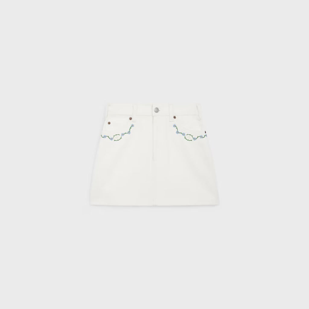 Celine RJ031360.07IA,Celine embroidered mini skirt,Celine embroidered white mini skirt,Celine mini skirt flower embroidered,C