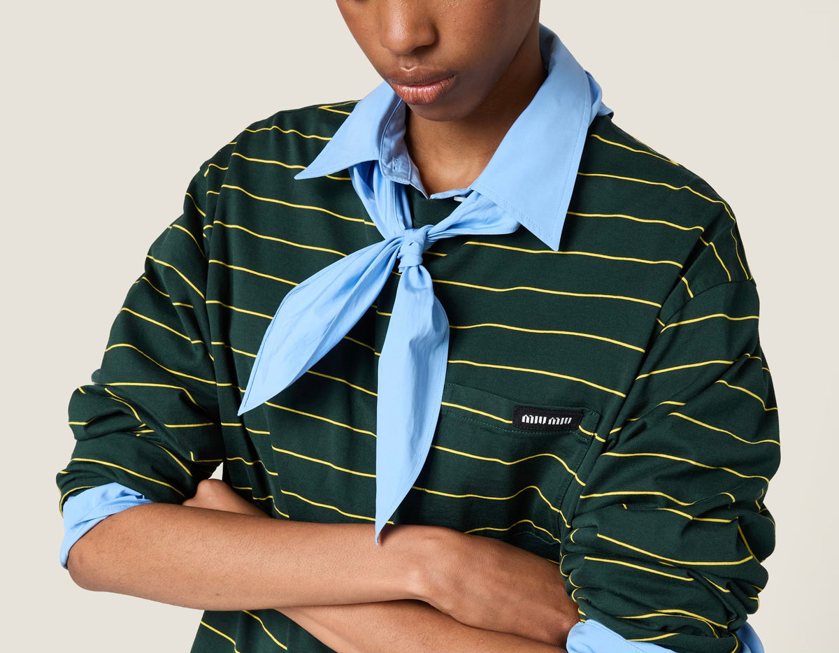 MIU MIU MJL014SOOO14RT, Miu Miu long sleeved jersey T-shirt, Miu Miu long sleeved T-shirt,Miu Miu green striped long sleeved