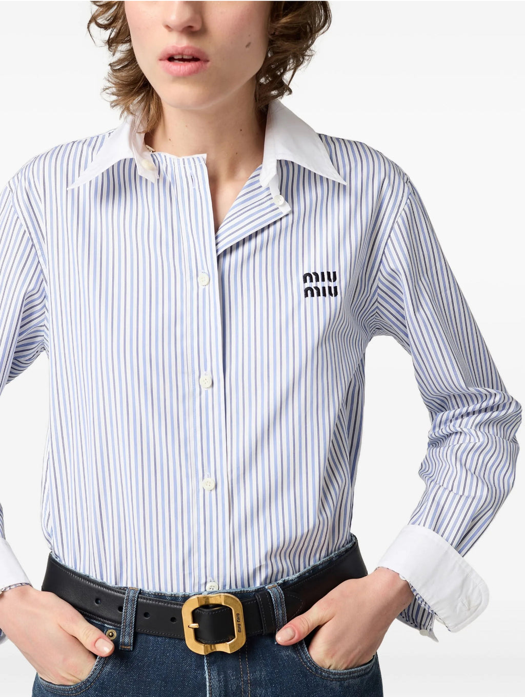 MIU MIU MK1972,Miu Miu striped logo embroidered shirt,Miu Miu striped shirt,Miu Miu striped shirt womens,MIU MIU shirt,MIU MI