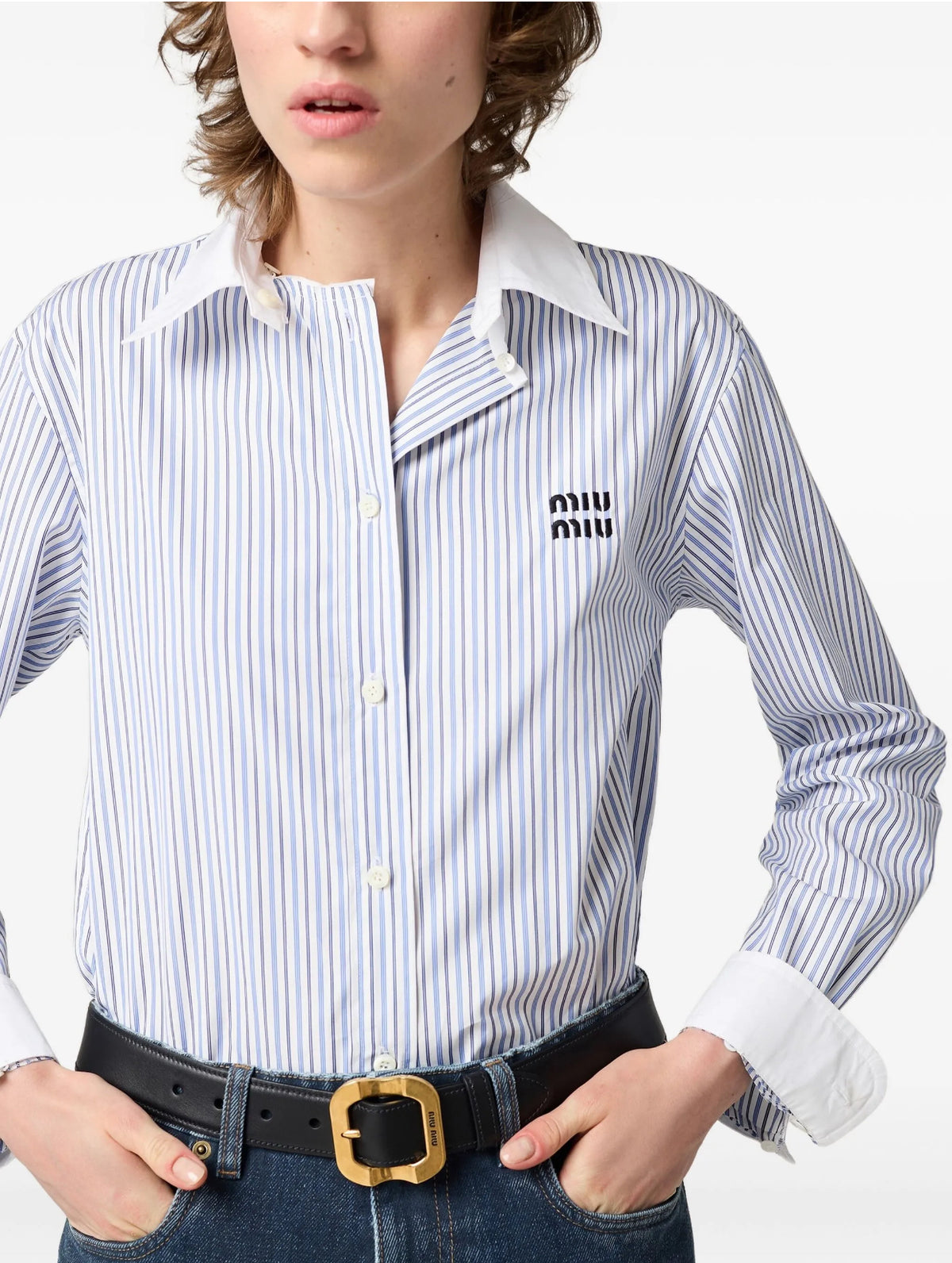 MIU MIU MK1972,Miu Miu striped logo embroidered shirt,Miu Miu striped shirt,Miu Miu striped shirt womens,MIU MIU shirt,MIU MI