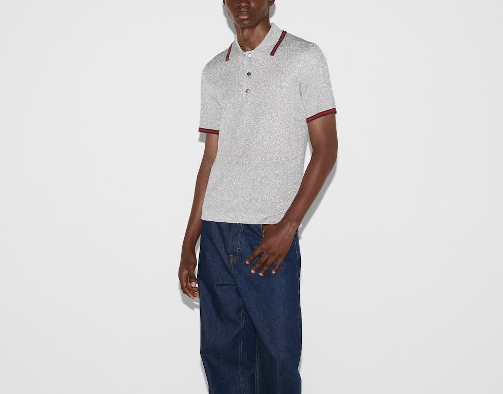 Gucci 805174XKEJE,Gucci lurex polo shirt,Gucci lurex silver polo shirt,Gucci silver polo shirt,Gucci silver men’s polo shirt,