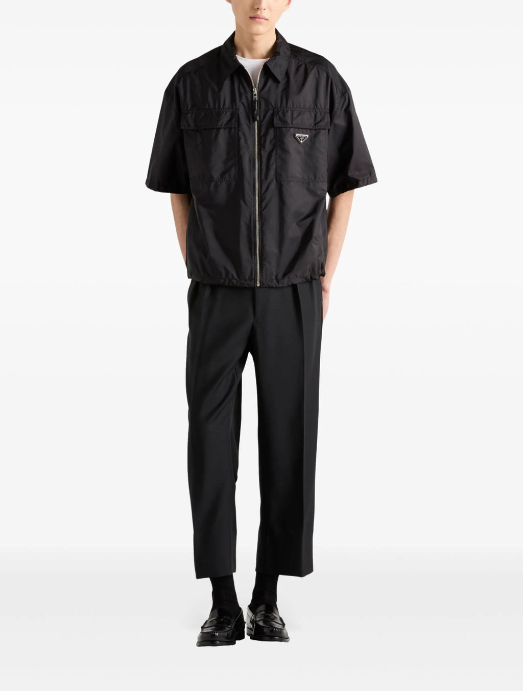 Prada SC758SOOO1WQ9,Prada re-nylon black shirt,Prada re-nylon men black shirt,Prada short sleeve shirt,Prada black shirt,Prad