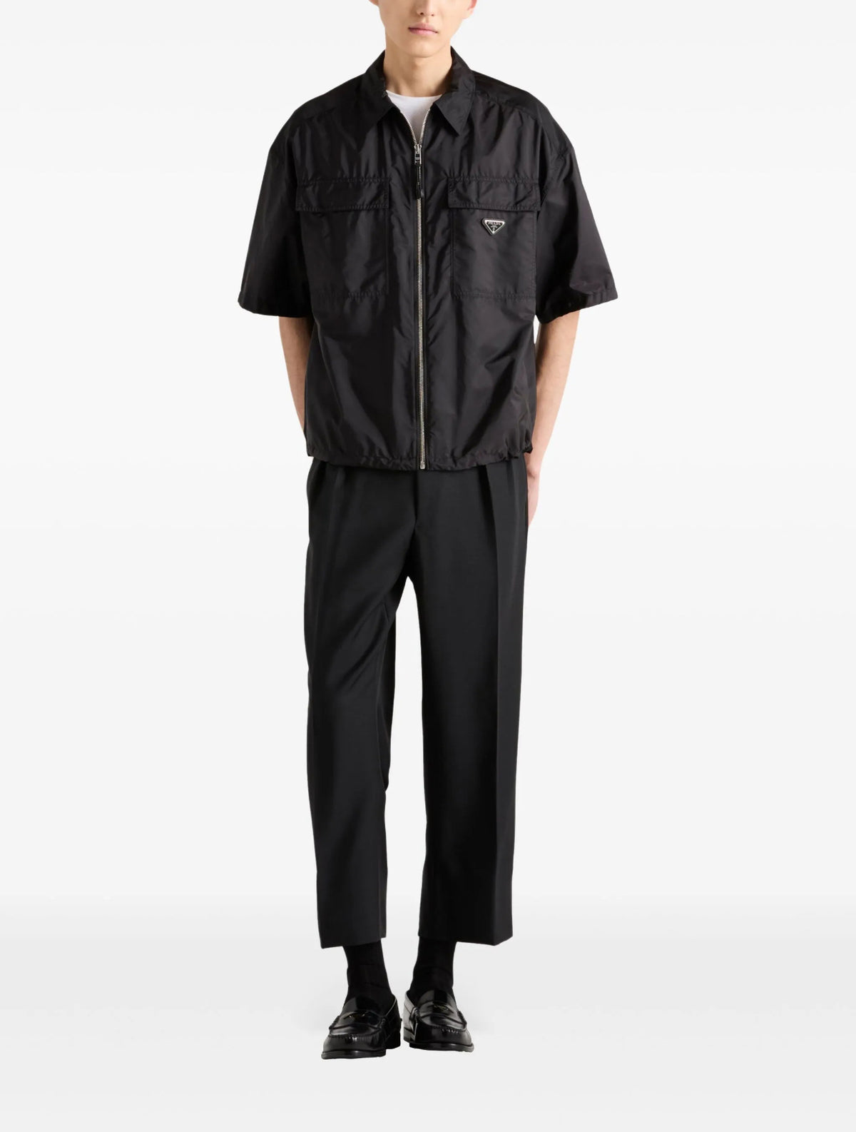 Prada SC758SOOO1WQ9,Prada re-nylon black shirt,Prada re-nylon men black shirt,Prada short sleeve shirt,Prada black shirt,Prad