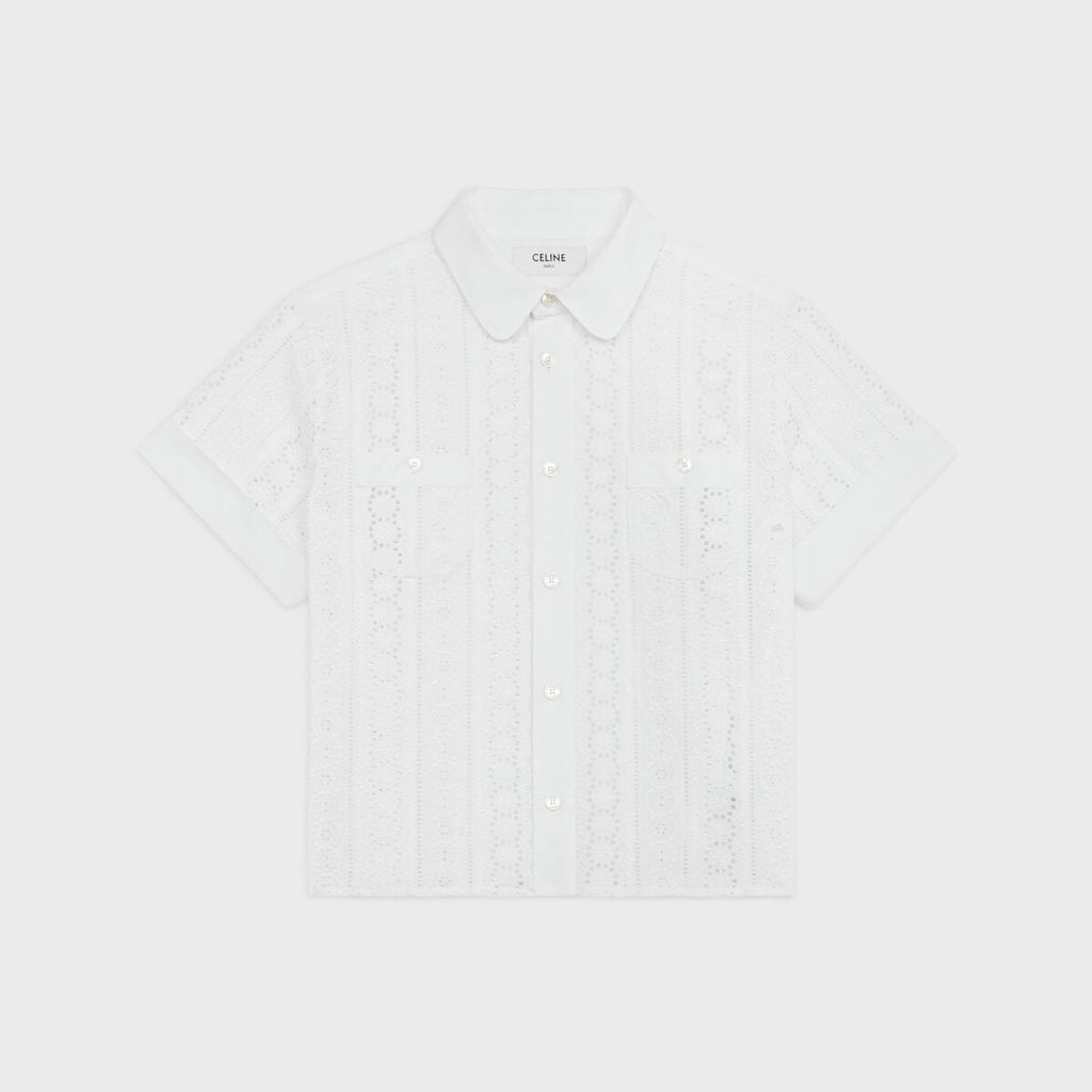 Celine RC00A0L11.01BC,Celine embroidered cotton shirt,Celine white cotton short sleeved shirt,Celine white shirt,Celine women