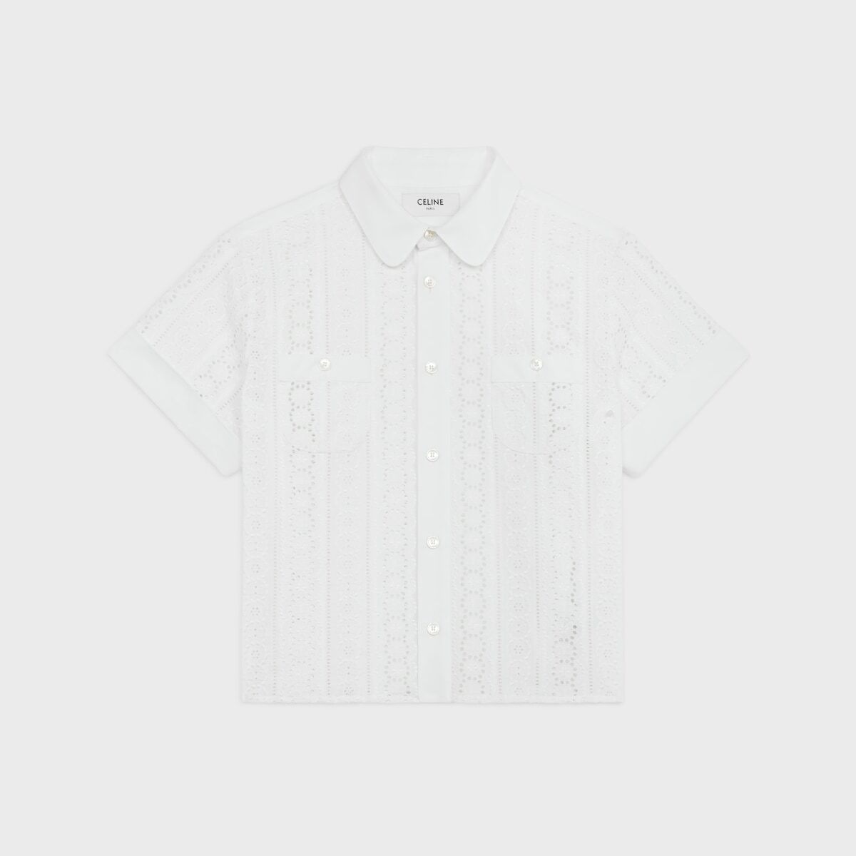 Celine RC00A0L11.01BC,Celine embroidered cotton shirt,Celine white cotton short sleeved shirt,Celine white shirt,Celine women