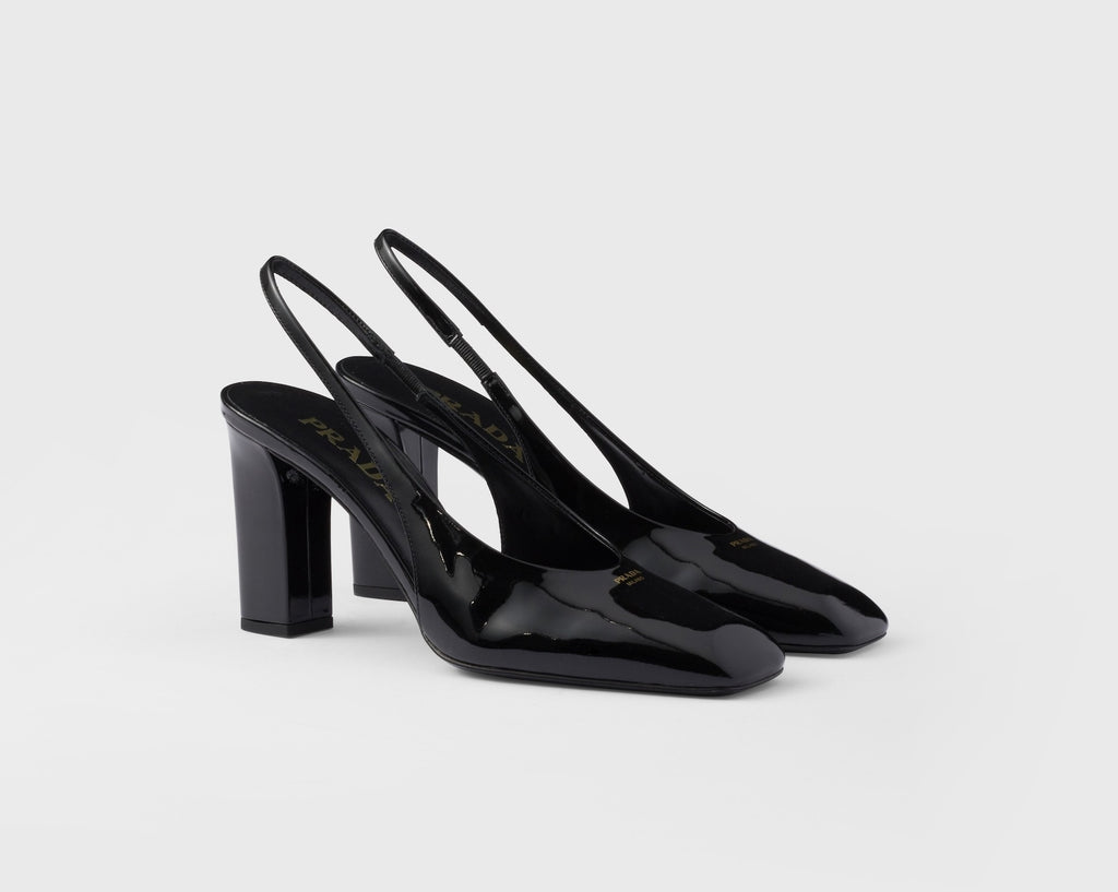 Prada 1I838N,Prada patent leather slingback pumps,Prada slingback pumps,Prada black pumps,Prada chunky heels,Prada black chun