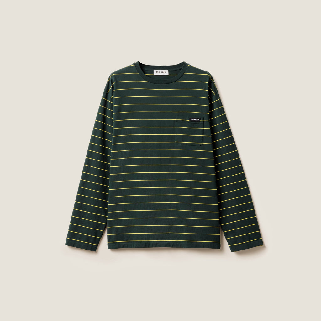 MIU MIU MJL014SOOO14RT, Miu Miu long sleeved jersey T-shirt, Miu Miu long sleeved T-shirt,Miu Miu green striped long sleeved