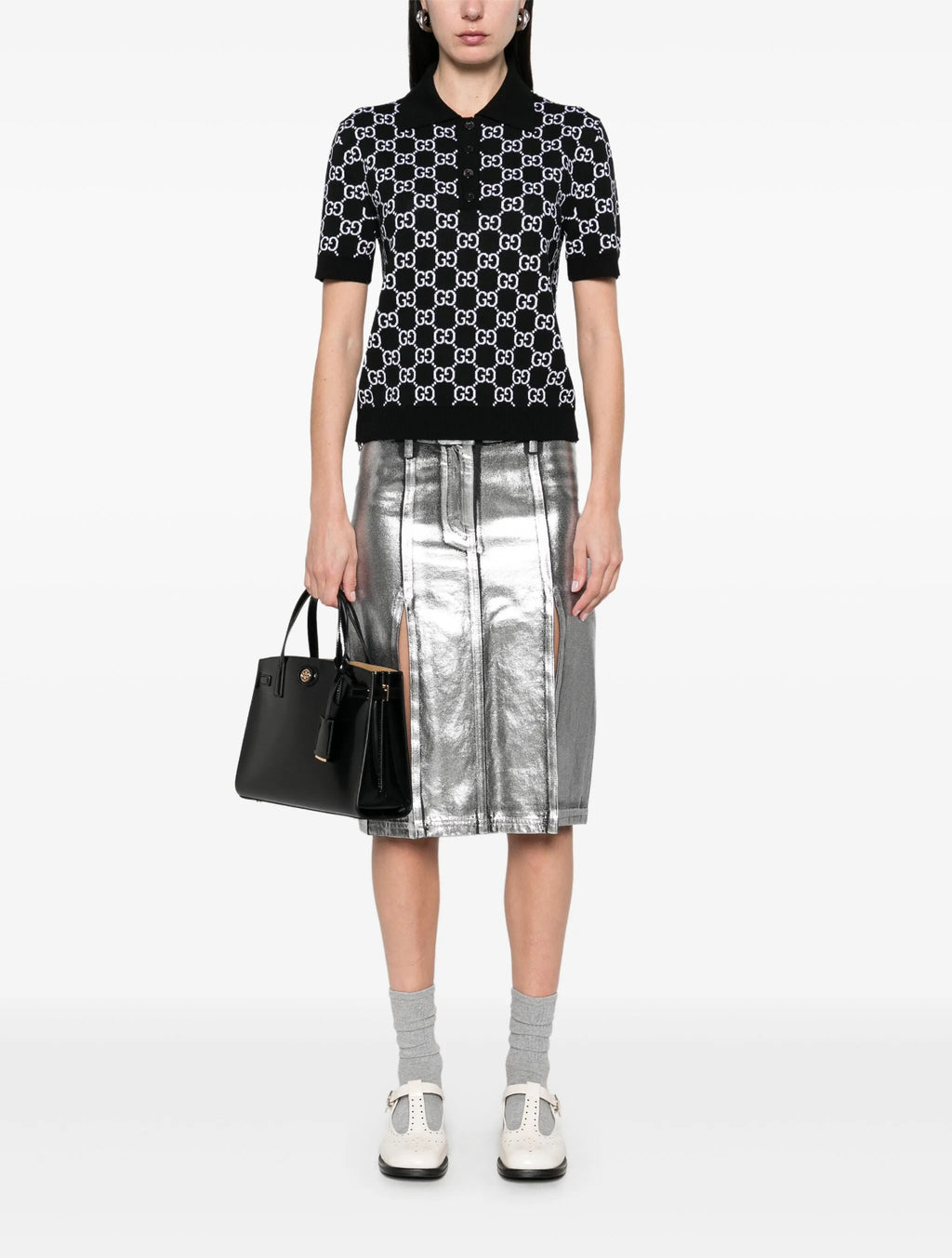 Gucci 814273XKEJP,Gucci GG monogram polo shirt,Gucci GG monogram womens polo shirt,Gucci black monogram polo shirt,Gucci wome