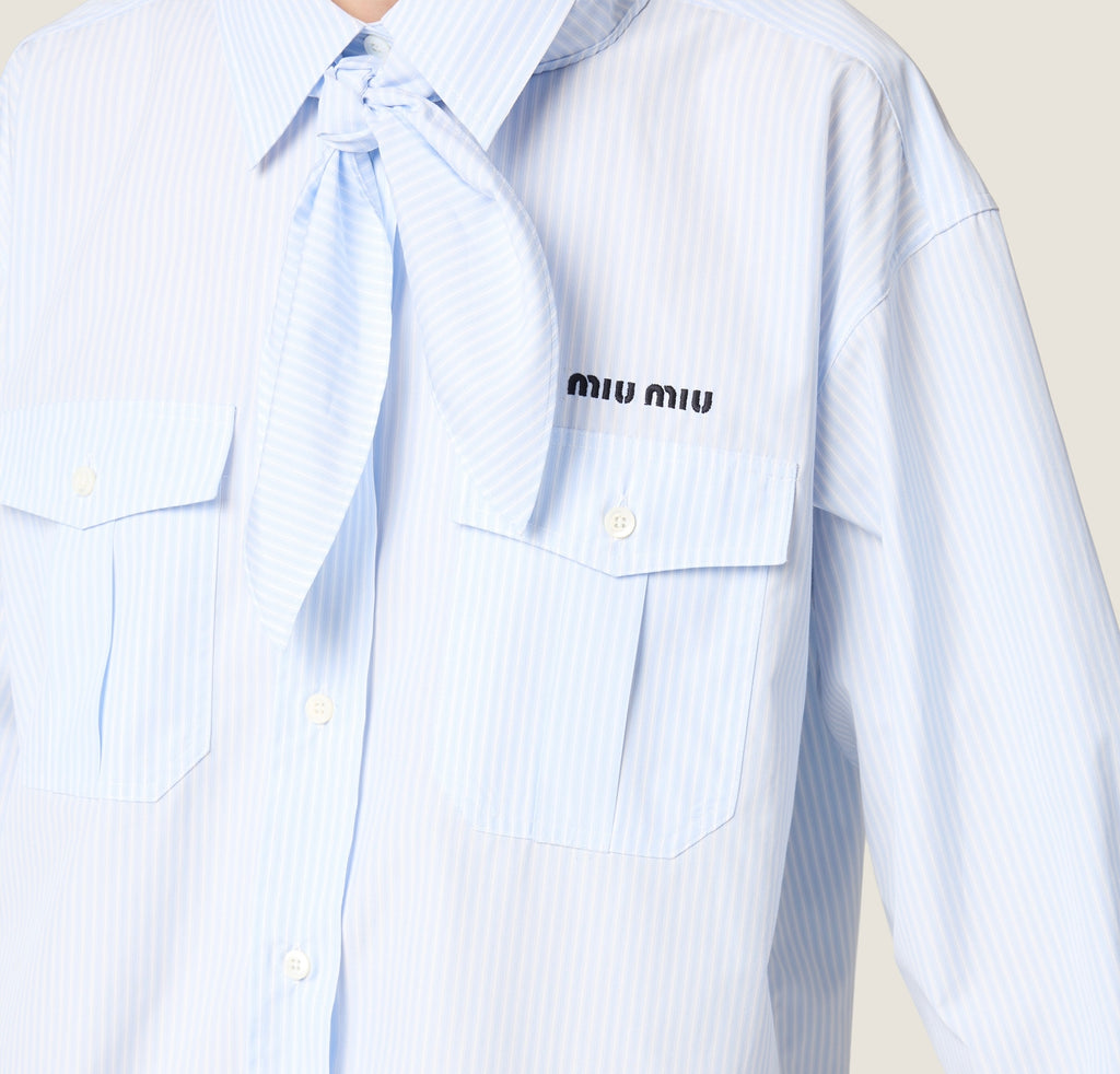 Winniemodo,Winnie modo,MIU MIU MK1918,Miu Miu poplin shirt,MIU MIU bow tie shirt,MIU MIU shirt blue,MIU MIU shirt on sale,MIU