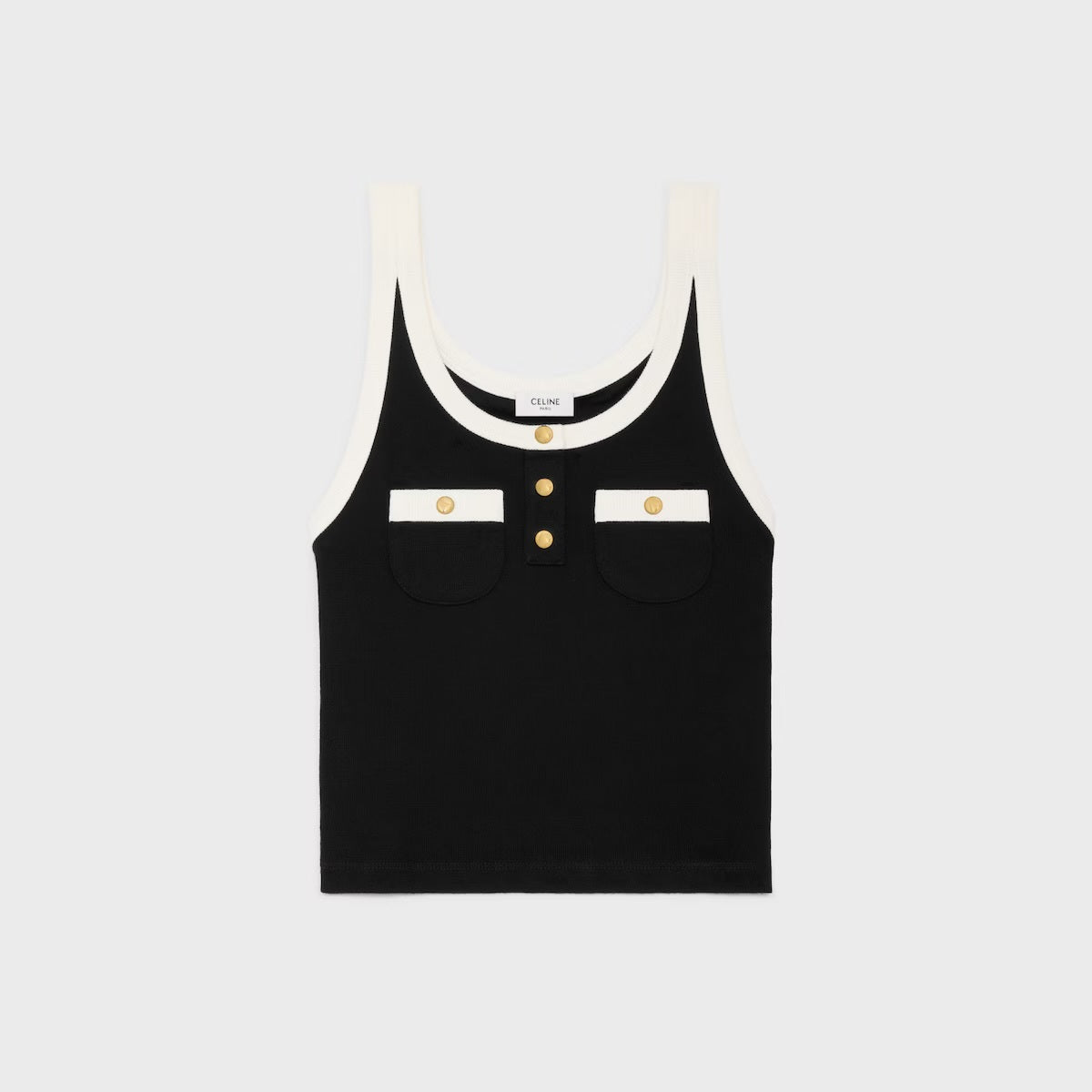 Celine RX03A0Q12.38ZD,Celine cropped tank top,Celine pocket vest,Celine black vest,Celine black top,Celine vest,Celine vest 2