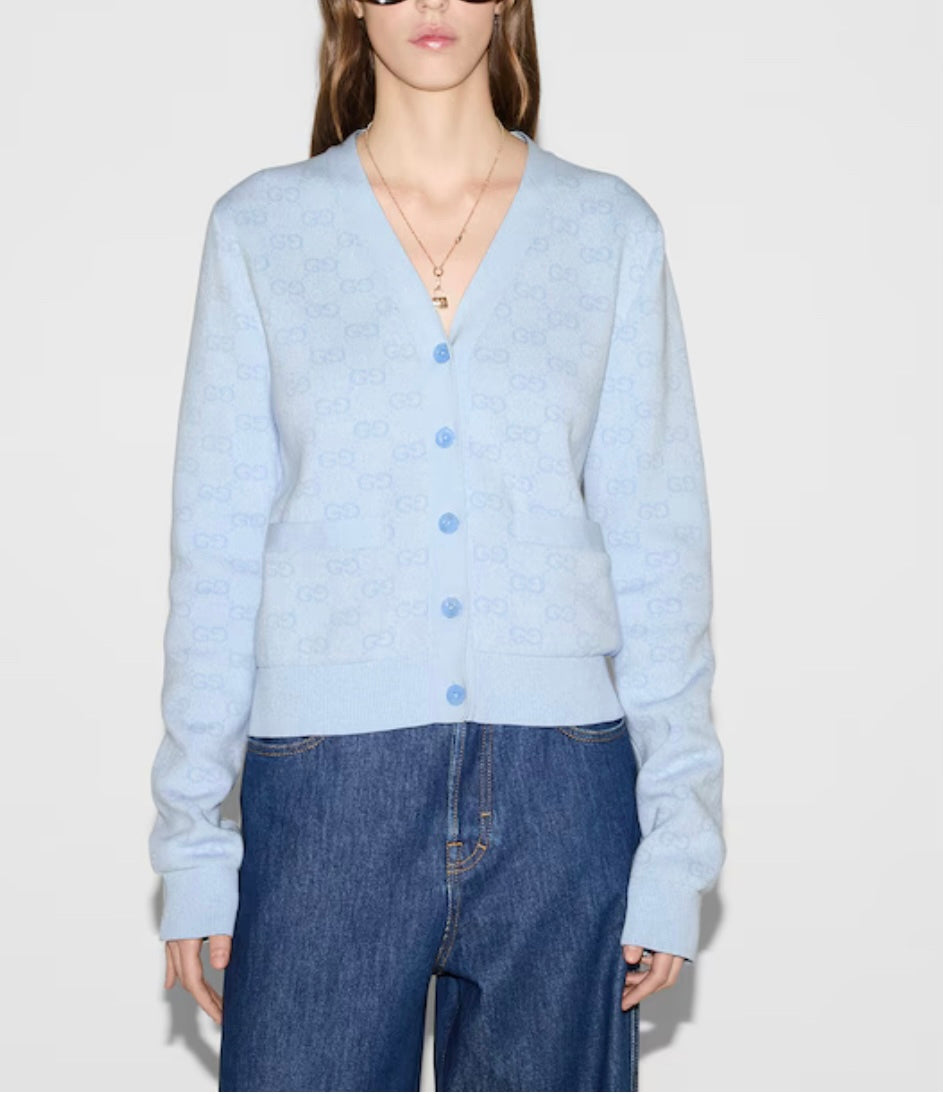 Gucci 818735 XKEOH,Gucci GG jacquard cardigan,Gucci GG monogram cardigan,Gucci GG monogram blue cardigan,Gucci blue monogram