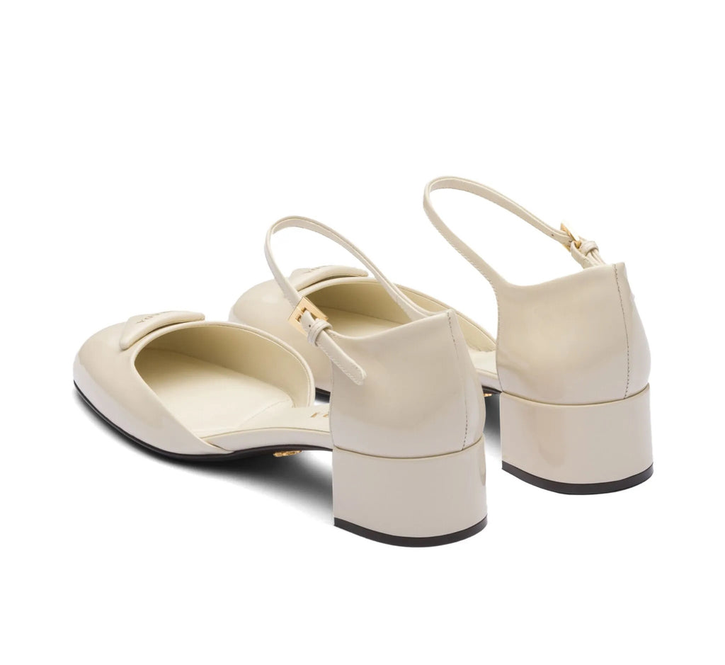Prada 1E708L,,Prada 35mm triangle logo patent leather pumps,Prada chunky heel white,Prada chunky heel Mary Jane shoes,Prada w