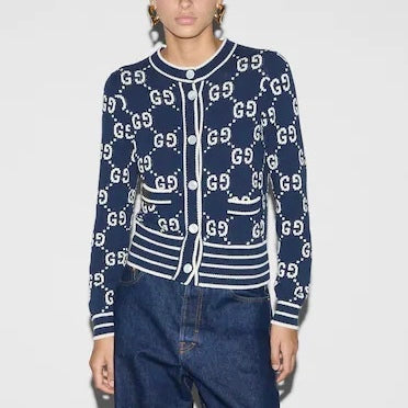 Gucci 753917XKCAN,Gucci monogram cardigan,Gucci cardigan blue,Gucci cardigan women gg logo,Gucci cardigan,Gucci cardigan on s