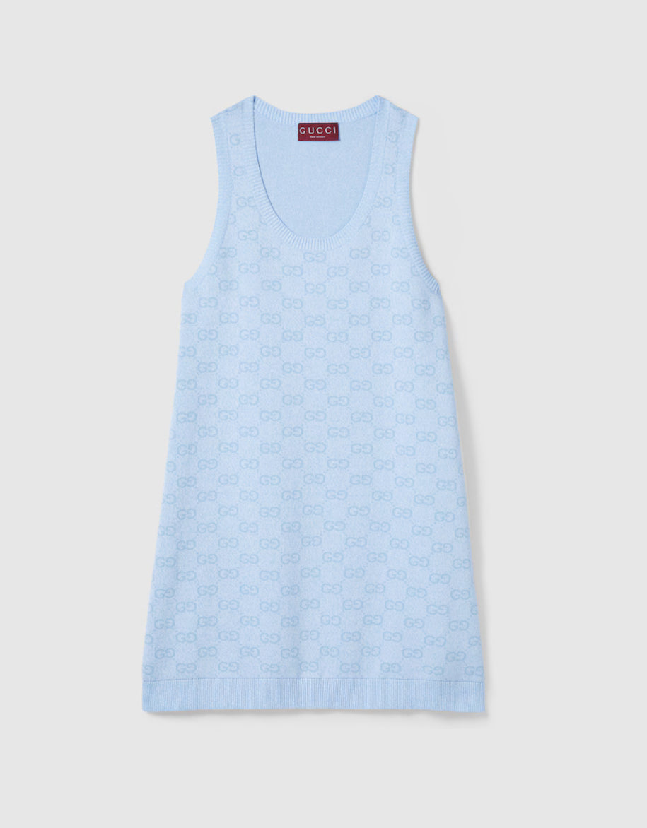Gucci 786403 XKEPI,Gucci GG monogram mini dress, Gucci GG monogram blue dress,Gucci blue dress,Gucci blue sleeveless dress,Gu