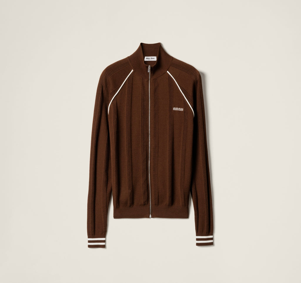 MIU MIU MMF97417N2SOOO,Miu Miu cotton cardigan,Miu Miu zip up jacket,MIU MIU jacket,MIU MIU brown jacket,MIU MIU brown cardig