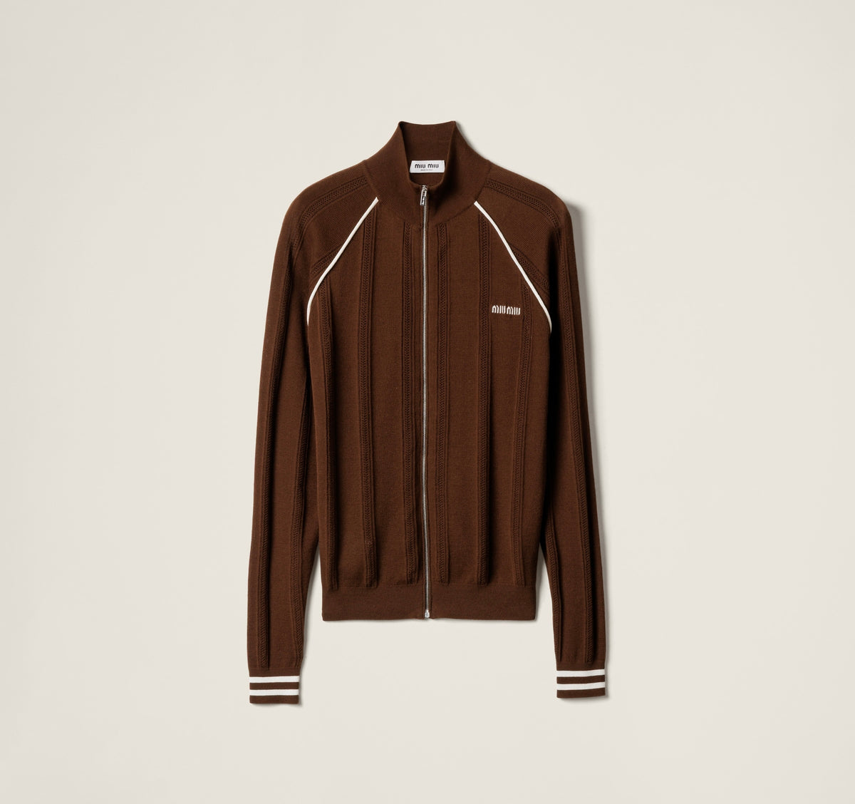 MIU MIU MMF97417N2SOOO,Miu Miu cotton cardigan,Miu Miu zip up jacket,MIU MIU jacket,MIU MIU brown jacket,MIU MIU brown cardig