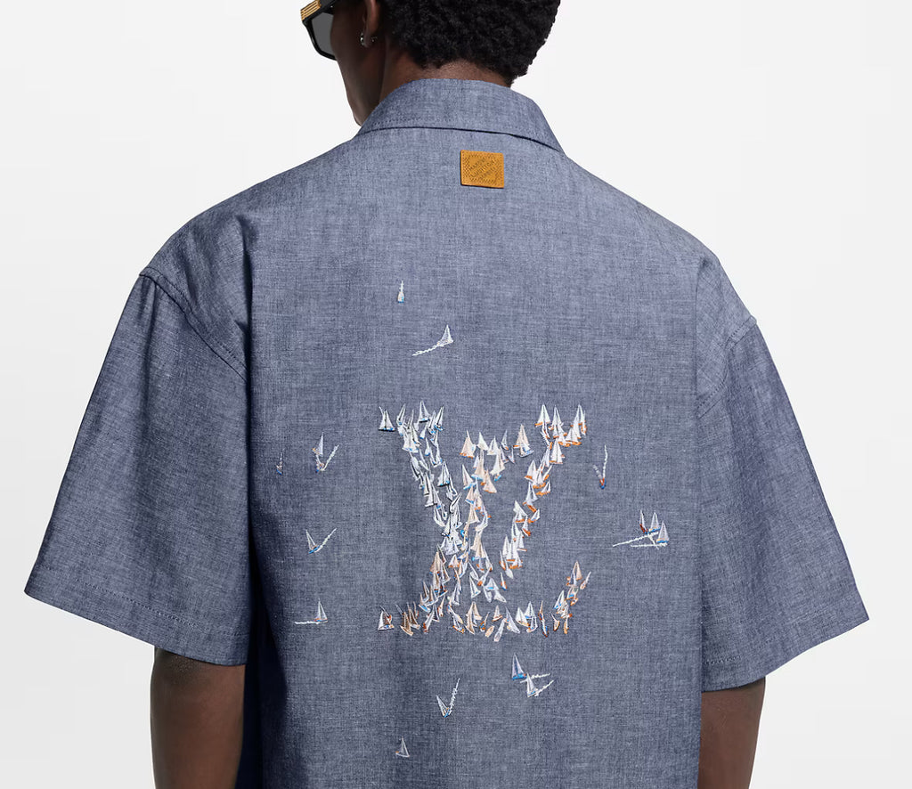 Louis Vuitton 1AHVVV,LV 1AHVVV,Louis Vuitton embroidered short sleeved shirt,LV denim short sleeved shirt,Louis Vuitton denim