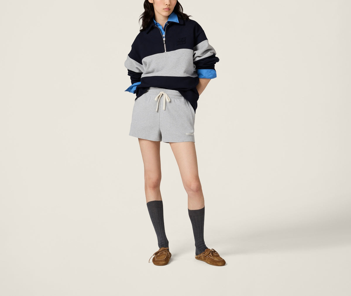 MIU MIU MJL090SOOO17H4,Miu Miu half zip sweatshirt,Miu Miu half zip blue sweatshirt,Miu Miu half zip sweater,Miu Miu half zip
