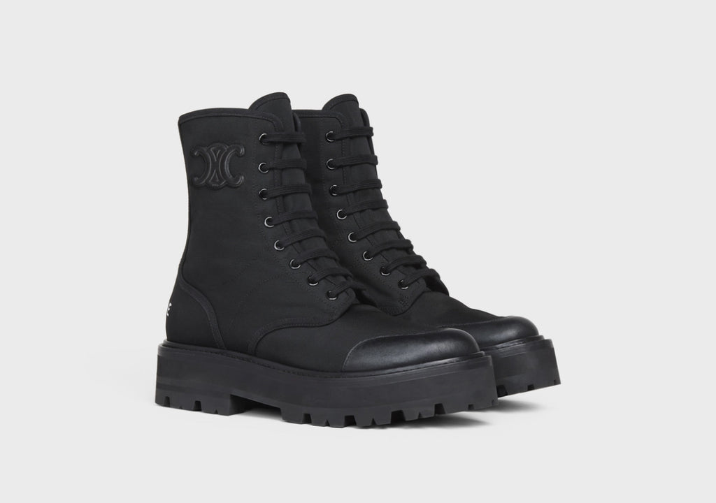 Celine bulky laced up boot in nylon and shiny bull,celine BOOTS,celine women's BOOTS,celine 345597004C,celine boots online sh