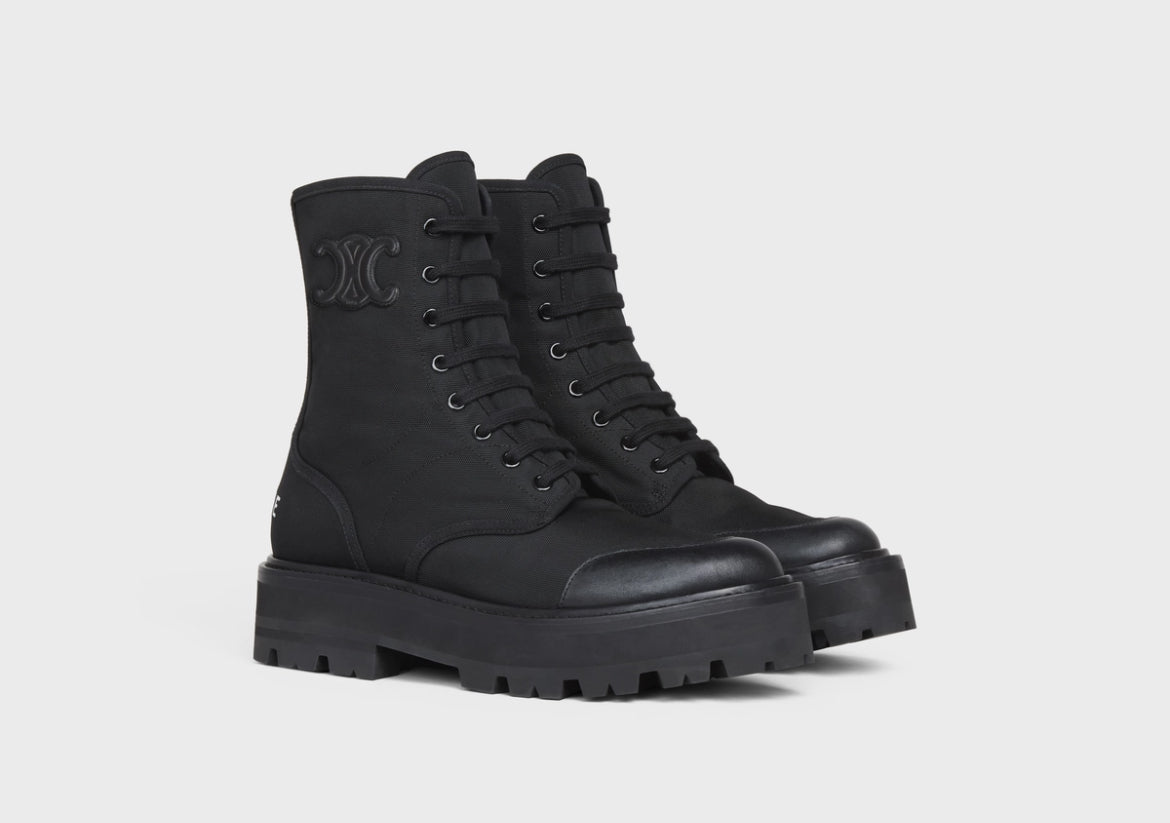 Celine bulky laced up boot in nylon and shiny bull,celine BOOTS,celine women's BOOTS,celine 345597004C,celine boots online sh