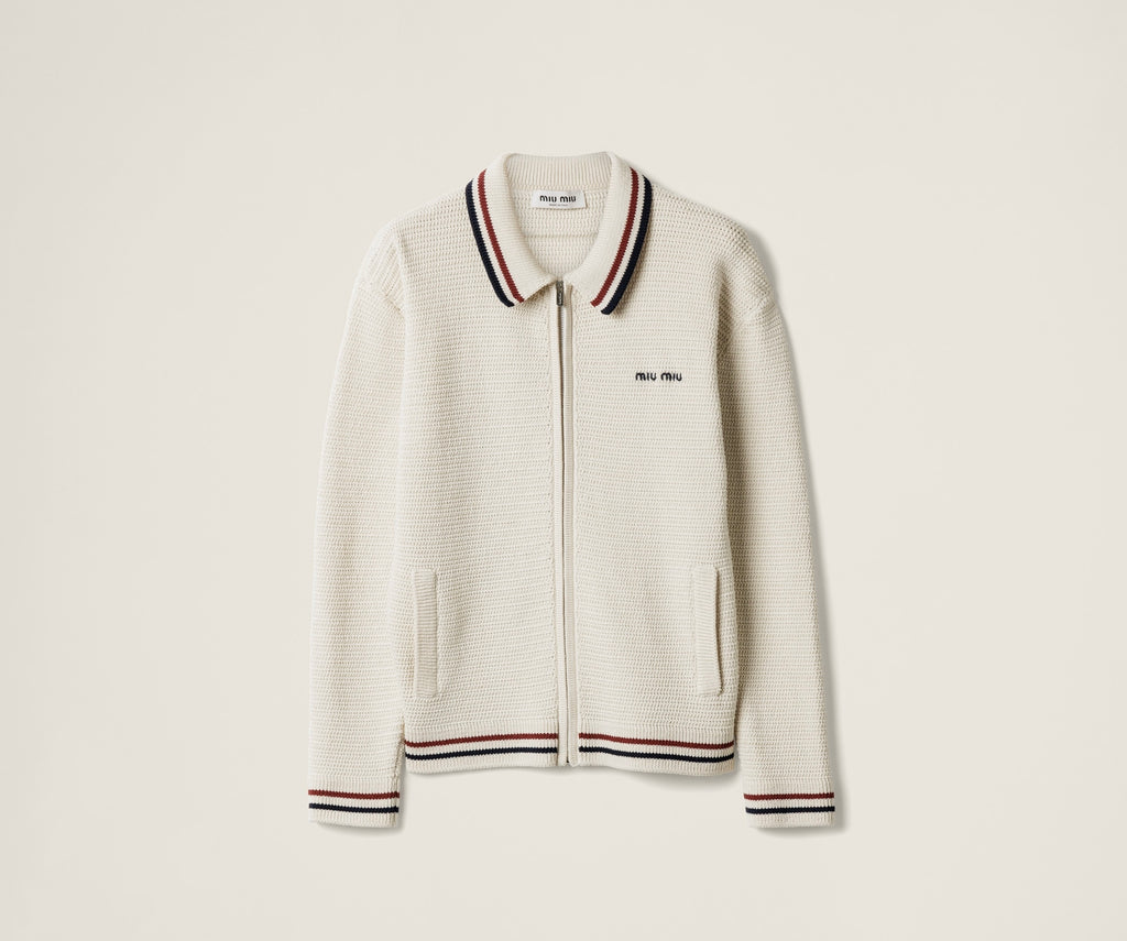MIU MIU MMF969,Miu Miu cotton knit zipper cardigan,Miu Miu zipper cardigan,Miu Miu zipper cardigan beige,Miu Miu cardigan,Miu