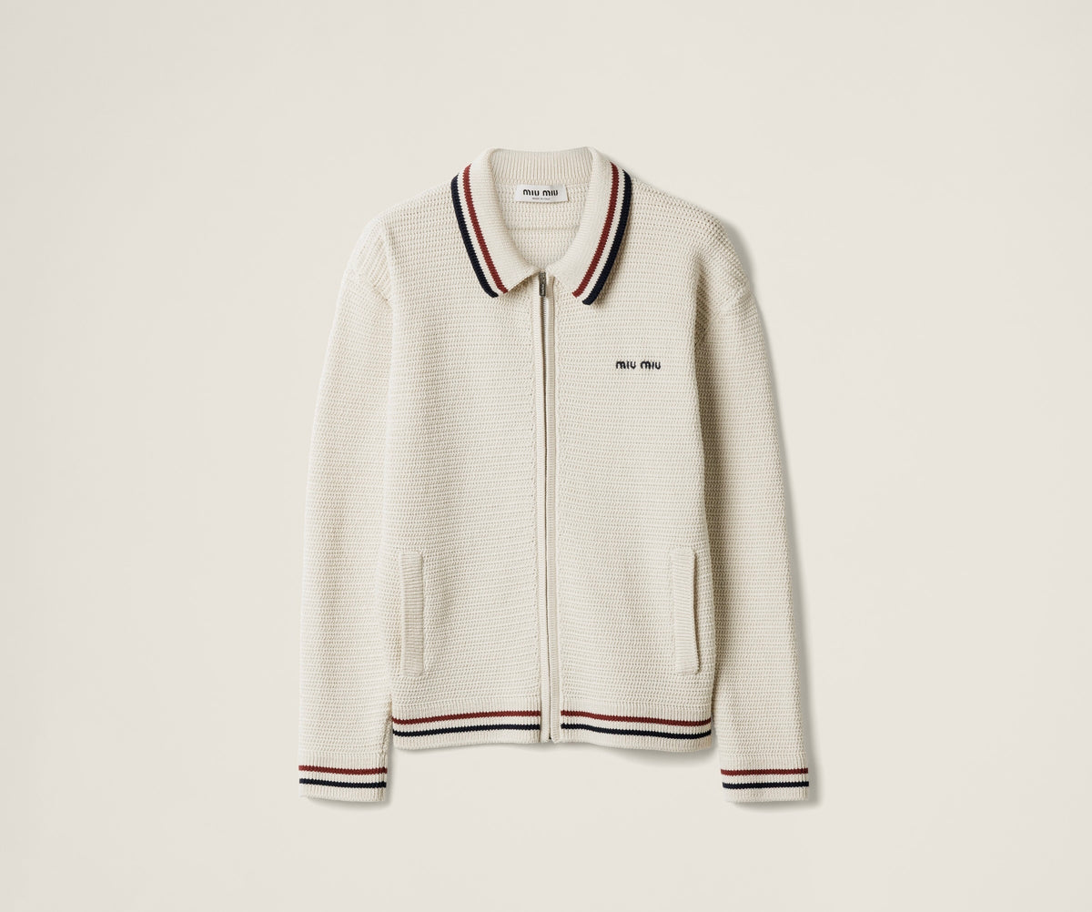 MIU MIU MMF969,Miu Miu cotton knit zipper cardigan,Miu Miu zipper cardigan,Miu Miu zipper cardigan beige,Miu Miu cardigan,Miu