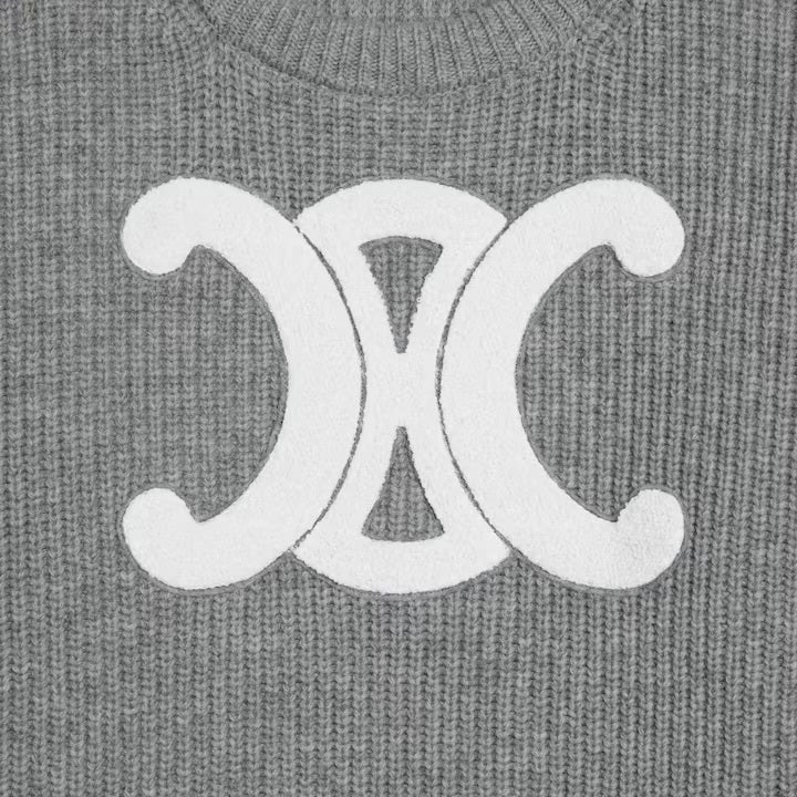 Celine RY0GS423P,Celine crew neck sweater in ribbed wool,Celine sweater,Celine grey sweater,Celine sweater women,Celine sweat