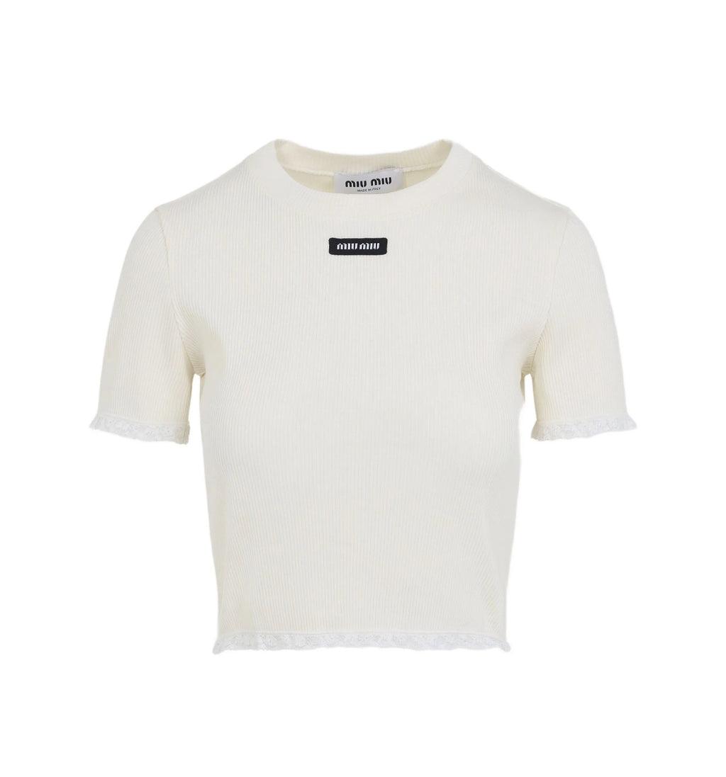 MIU MIU MJN58017Z9F0304,Miu Miu lace trimmed top,Miu Miu lace trimmed white top,MIU MIU white top,MIU MIU lace top,MIU MIU to