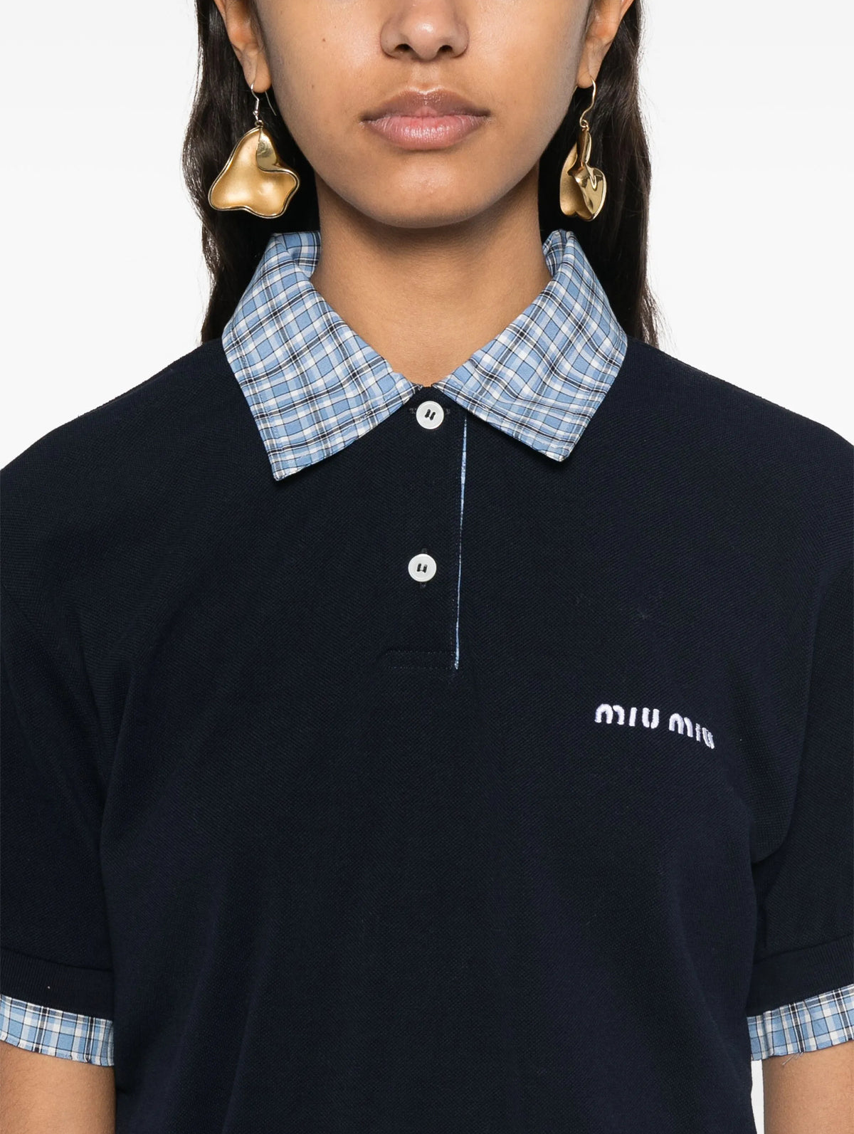 MIU MIU MJN555SOOO15WD,Miu Miu layered polo shirt,Miu Miu layered navy polo shirt,Miu Miu navy polo shirt,Miu Miu polo shirt