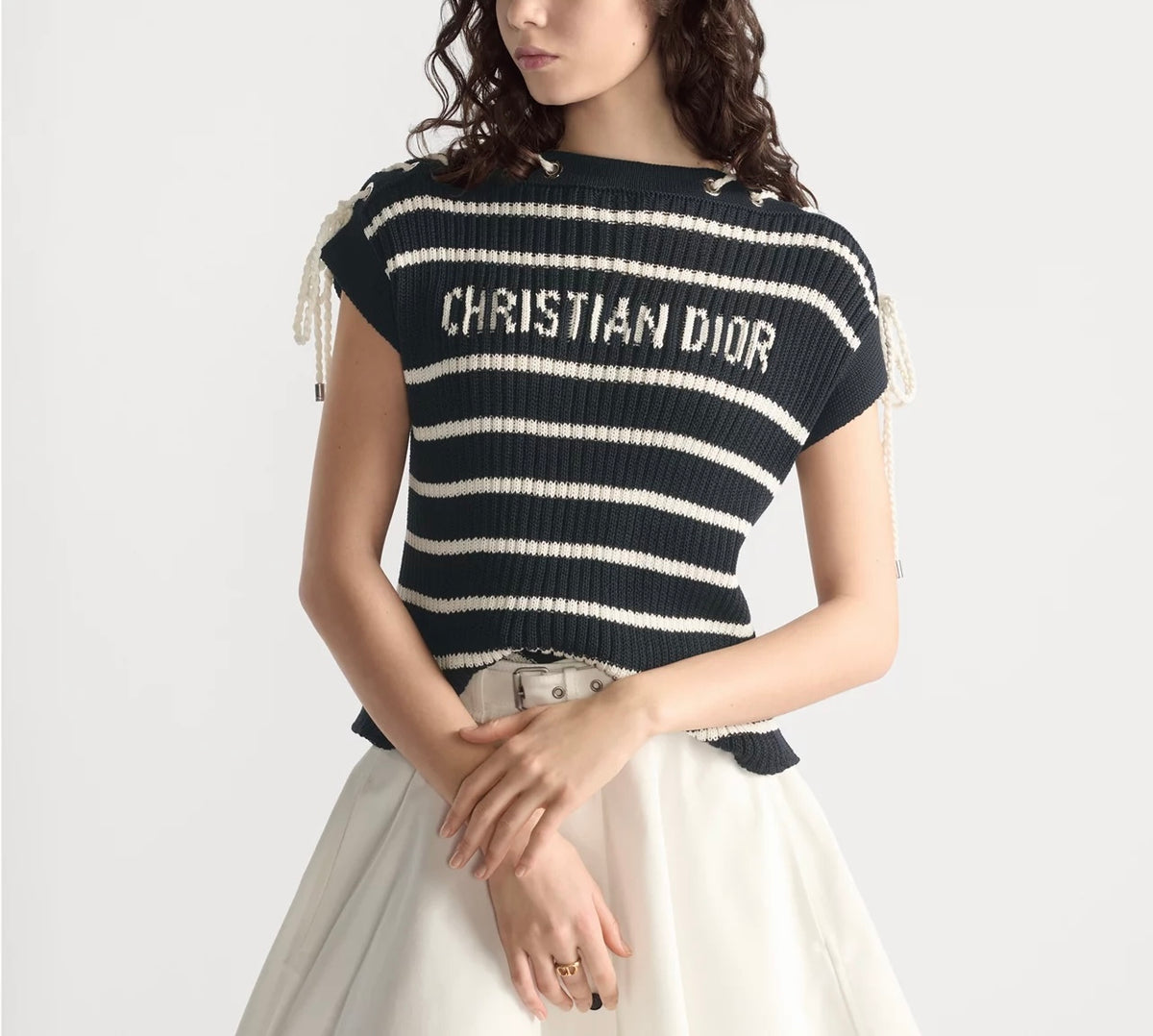 Dior 544S48A7042,Dior Diorivera sweater with laced cap sleeves,Dior sweater laced cap sleeves,Dior black sweater,Dior sweater