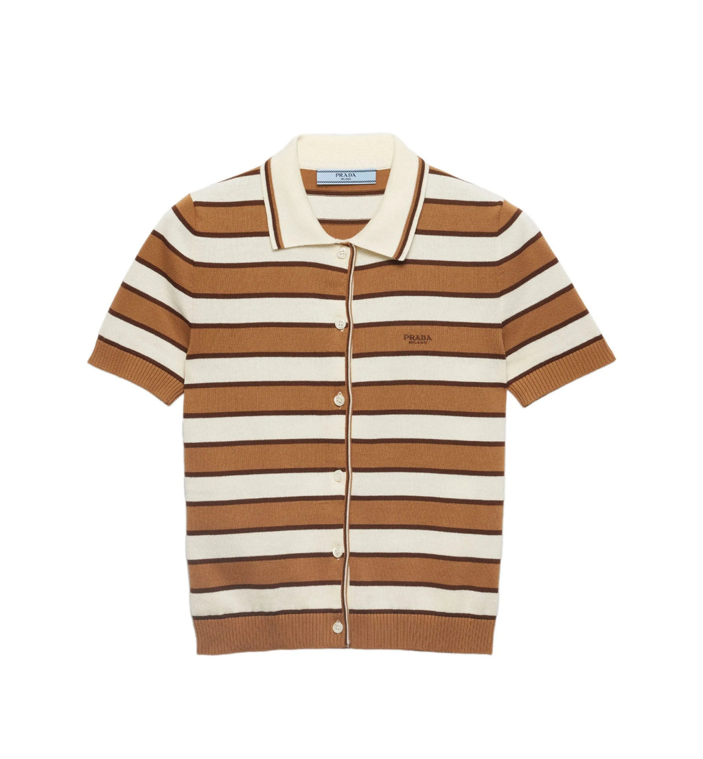 Prada P25N6217KKSOOO,Prada knitted polo top,Prada stripe knitted polo top,Prada brown stripe polo top,Prada brown short sleev