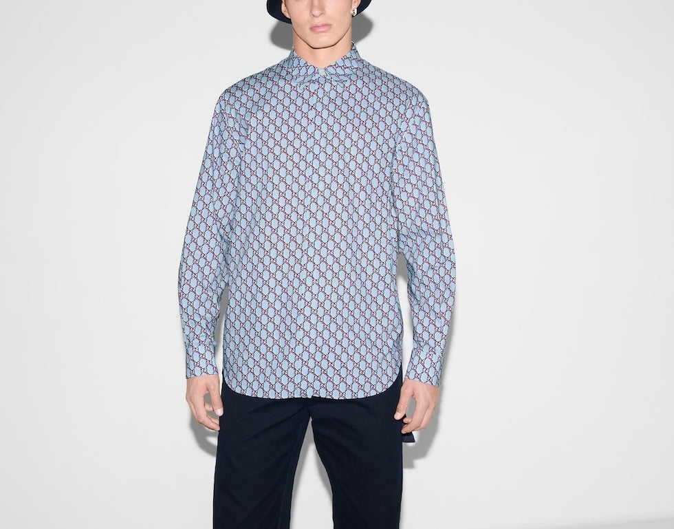 Gucci 814557Z7AHC,Gucci GG printed shirt,Gucci monogram shirt,Gucci blue monogram shirt,Gucci blue monogram shirt mens,Gucci
