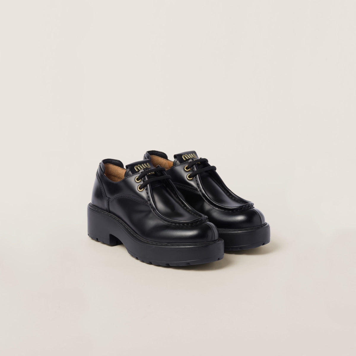MIU MIU 5E964D,Miu Miu leather lace up shoes,Miu Miu black leather shoes,MIU MIU chunky heel,MIU MIU black shoes,MIU MIU wome
