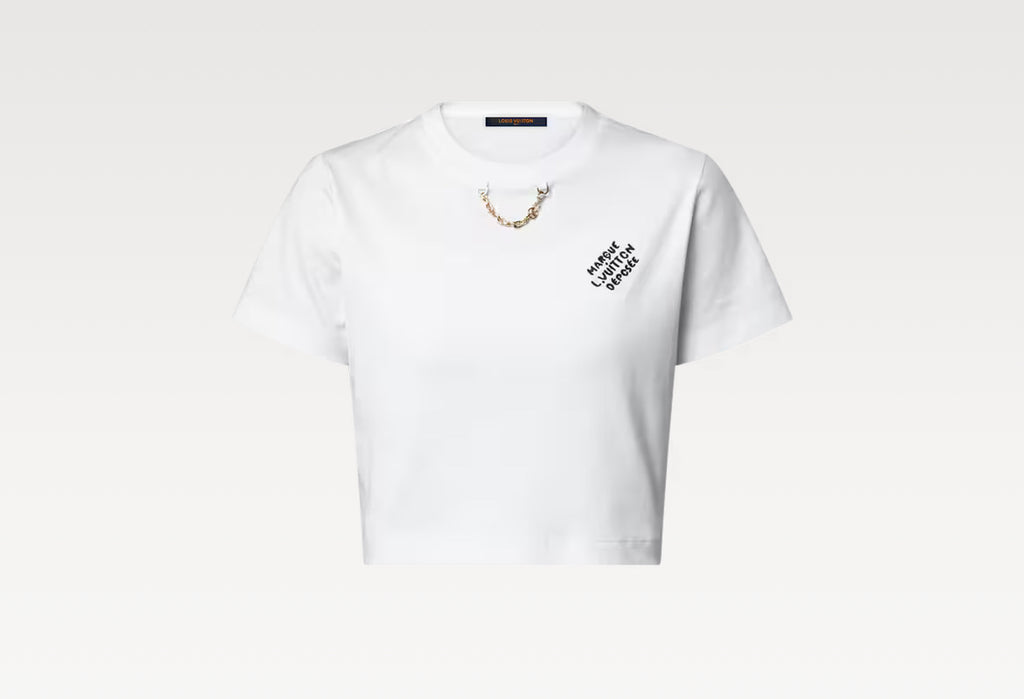 Louis Vuitton 1AHX84,LV 1AHX84,Louis Vuitton embroidered signature crop top,Louis Vuitton embroidered signature t-shirt,LV wh