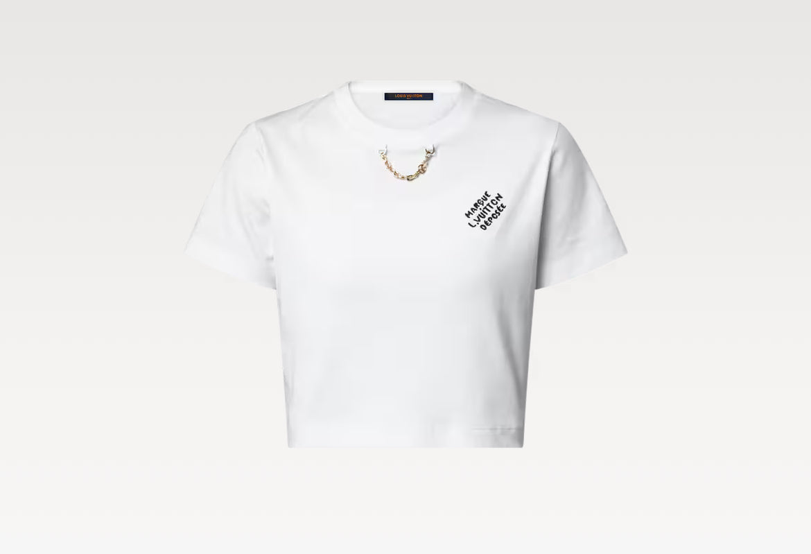 Louis Vuitton 1AHX84,LV 1AHX84,Louis Vuitton embroidered signature crop top,Louis Vuitton embroidered signature t-shirt,LV wh