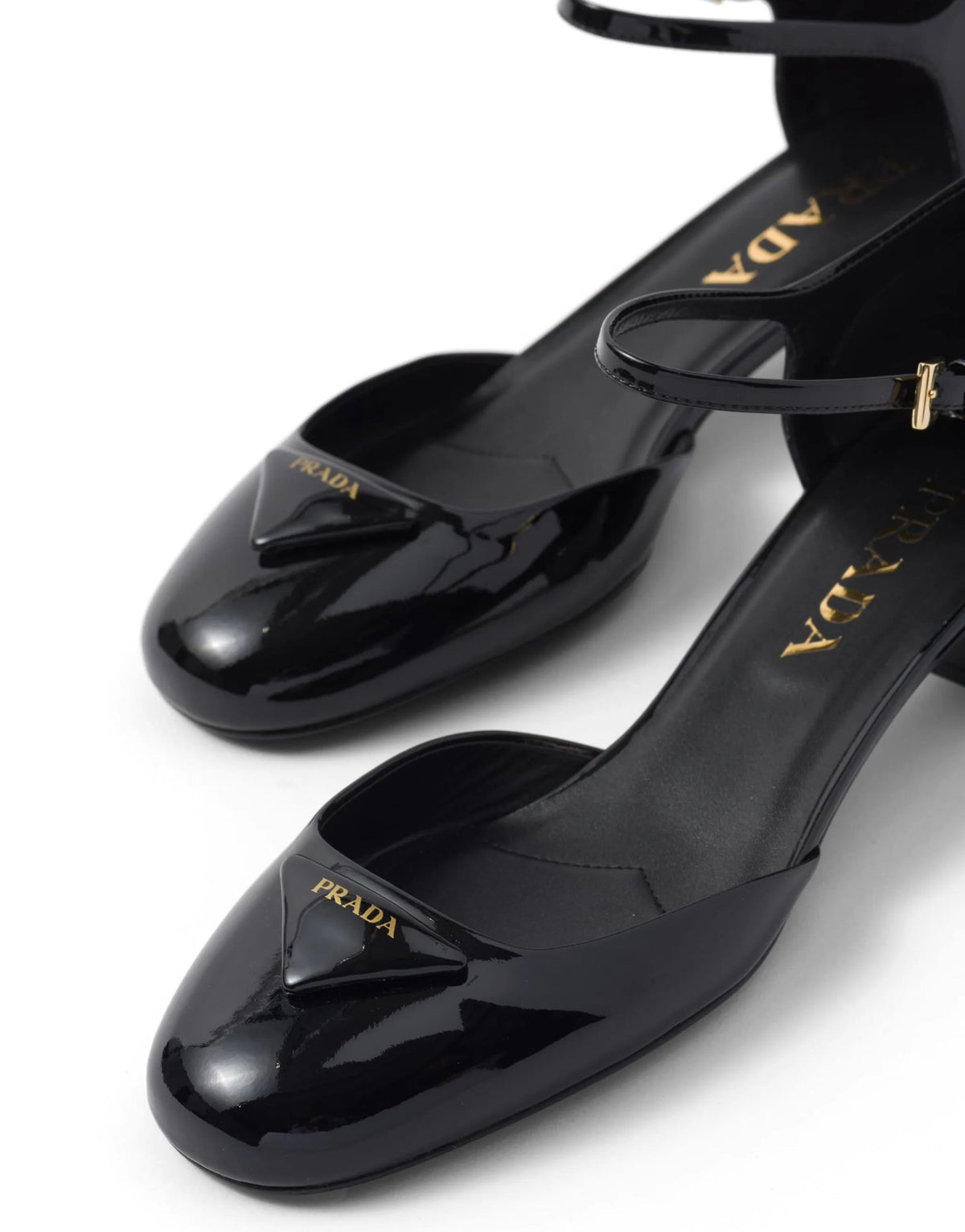 Prada 1E708L,Prada triangle logo patent pumps,Prada black pumps,Prada black heels,Prada chunky heel,Prada black chunky heels,