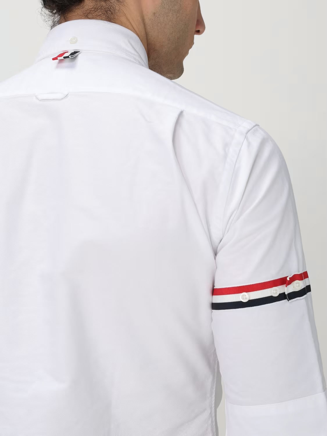 Thom Browne MWS242A06177,Thom Browne Grosgrain armband shirt,Thom Browne armband white shirt,Thom Browne short sleeve white s