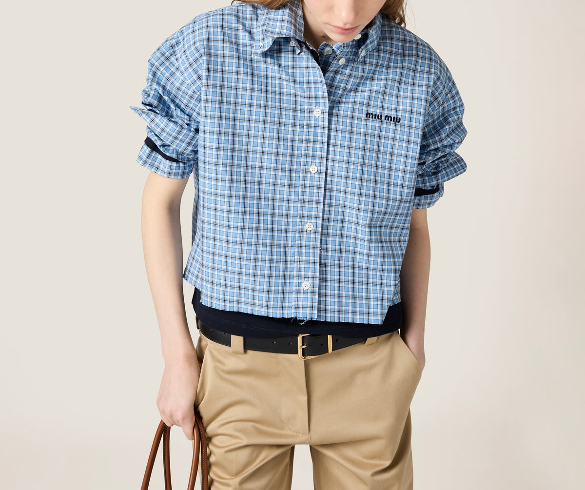 MIU MIU MK1659_16MK_SOOO,Miu Miu poplin shirt,MIU MIU blue shirt,MIU MIU blue checkered shirt,MIU MIU shirt,Miu MIU shirt on