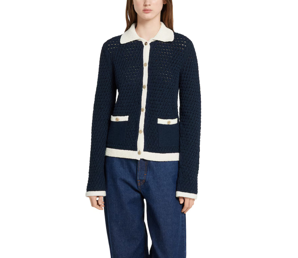 Gucci 836184 XKESV,Gucci fine cotton crochet cardigan,Gucci womens cardigan,Gucci cardigan navy,Gucci cardigan womens navy,Gu
